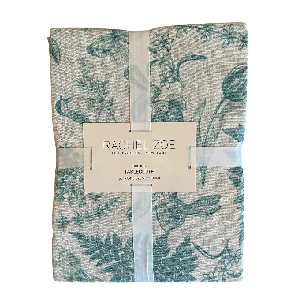 RACHEL ZOE Easter Tablecloth 60 x 84 Bunnies Ivory Green Silver Glitter New